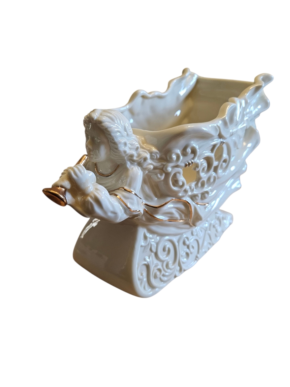 Vintage White Ceramic Angel Sleigh Planter Gold Trim Christmas Decor 10x7